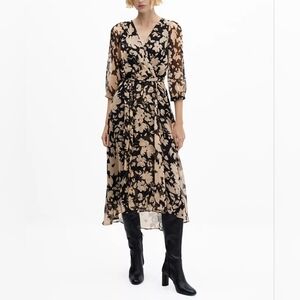 Mango Flowy Floral Midi Vneck Wrap Dress in Black+ Cream, Sz 4, NwoT, 3/4 Sleeve